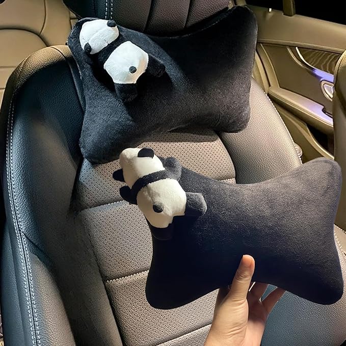 Car Headrest Pillow 2PCS Plush Bear ＆ Bunny Car Seat Headrest Pillow - Memory Foam Neck Support Cushions for Comfortable Driving, Easy Install & Washable (Black)