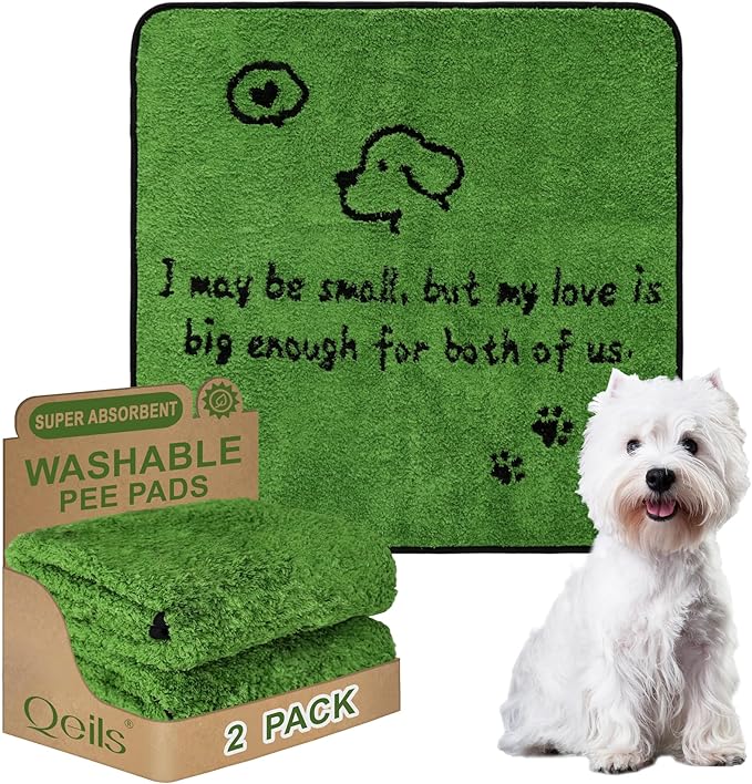 Qeils Reusable Dog Pee Pads, 2 Pack Super Absorbent & Leakproof Washable Puppy Pads with Soft Green Top Layer, for Potty Training, Crates, Couch, Car Seats & Pet Beds, 36"x 36"