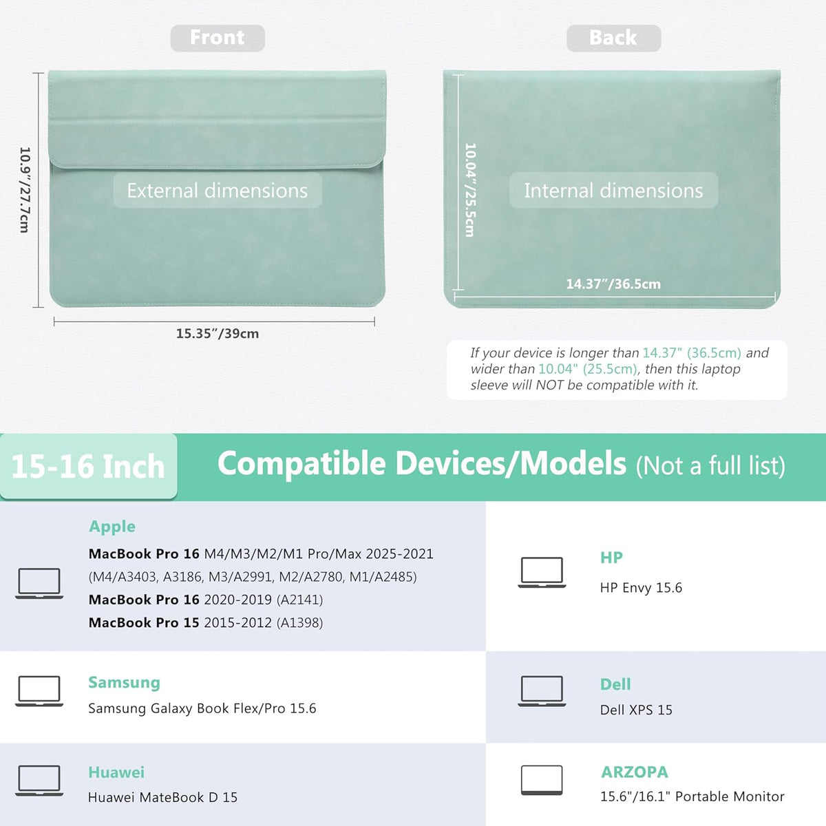 HYZUO 15-16 Inch Laptop Sleeve Case with Stand Feature for MacBook Pro 16 M4/M3/M2/M1 Pro/Max 2025-2019, XPS 15, MacBook Pro 15 2015-2012, Samsung Galaxy Book Flex/Pro 15, Mint Green