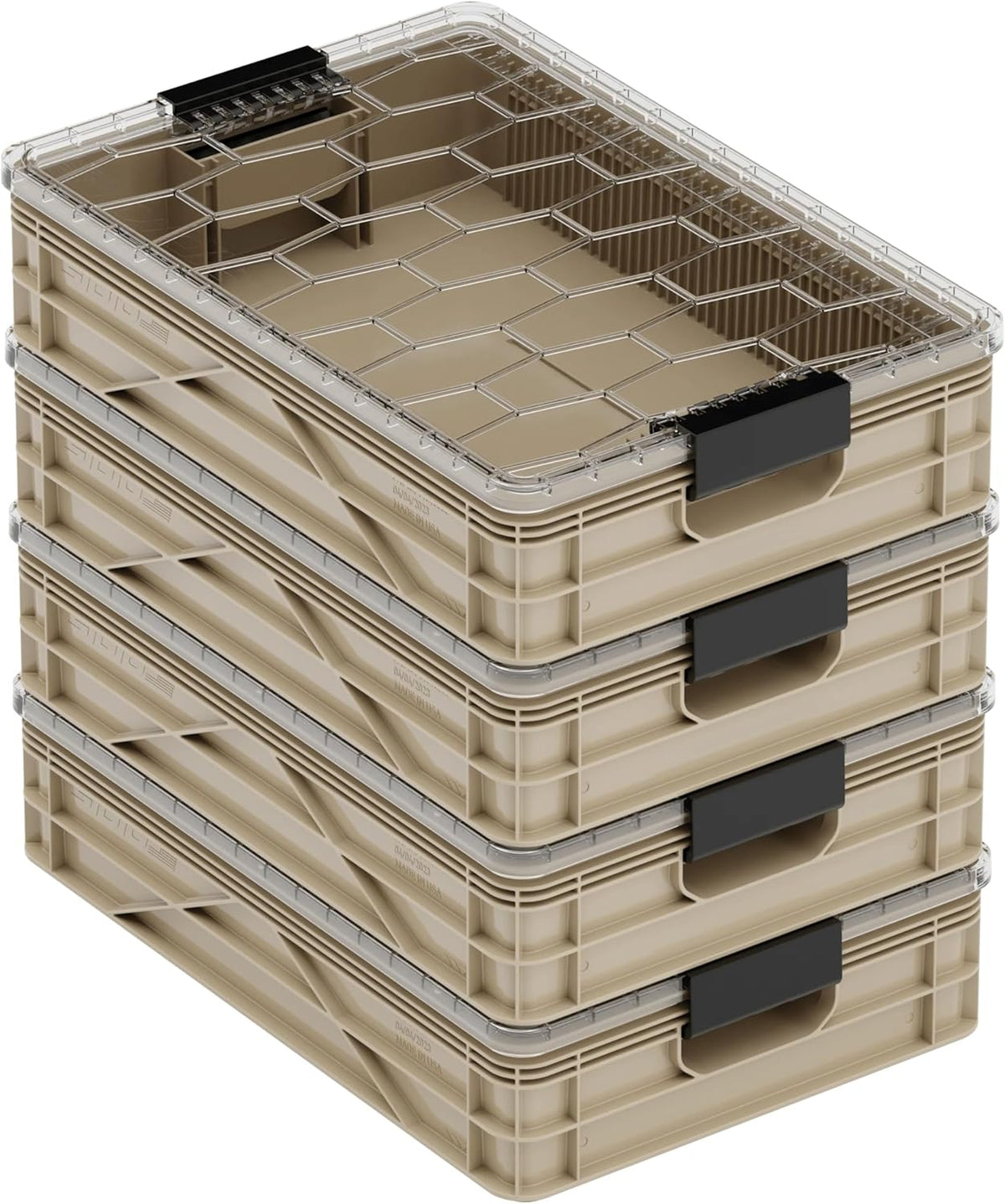 SIDIO Quarter Crate 4 Pack of Stackable Storage Bins - Organizer Bins with Dividers for Garage Organization, Home Storage - Heavy Duty Plastic Containers - 19.16” x 12.75”x 4.57” (Tan)