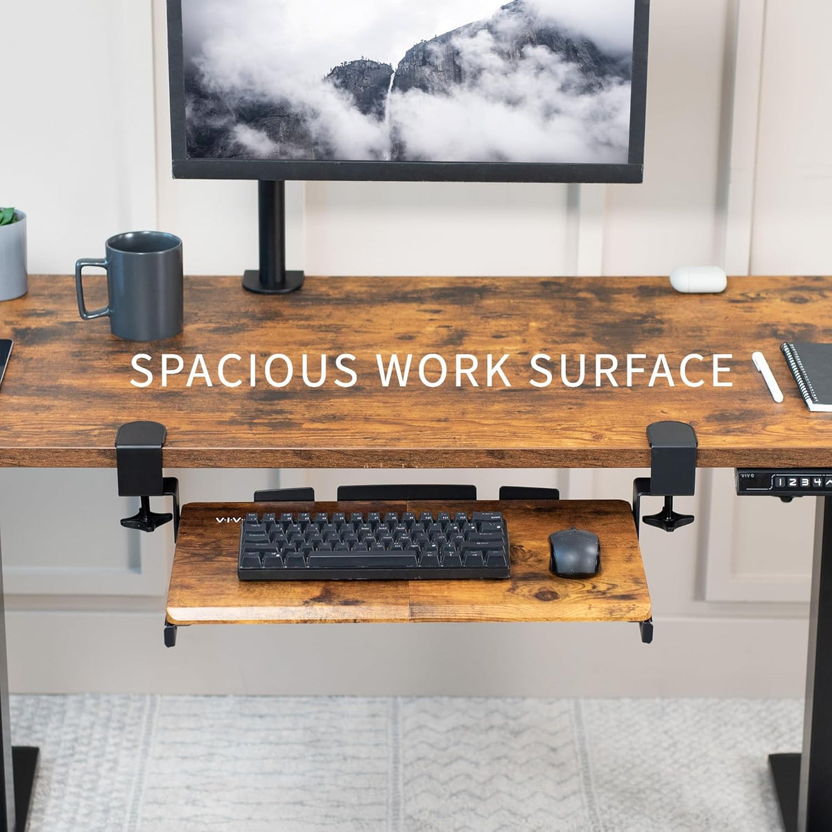 VIVO Small Keyboard Tray, Under Desk Pull Out with Extra Sturdy C Clamp Mount System, 20 (26 with Clamps) x 11 inch Slide-Out Platform Drawer, Rustic Vintage Brown Top, Black Frame, MOUNT-KB05ES-N