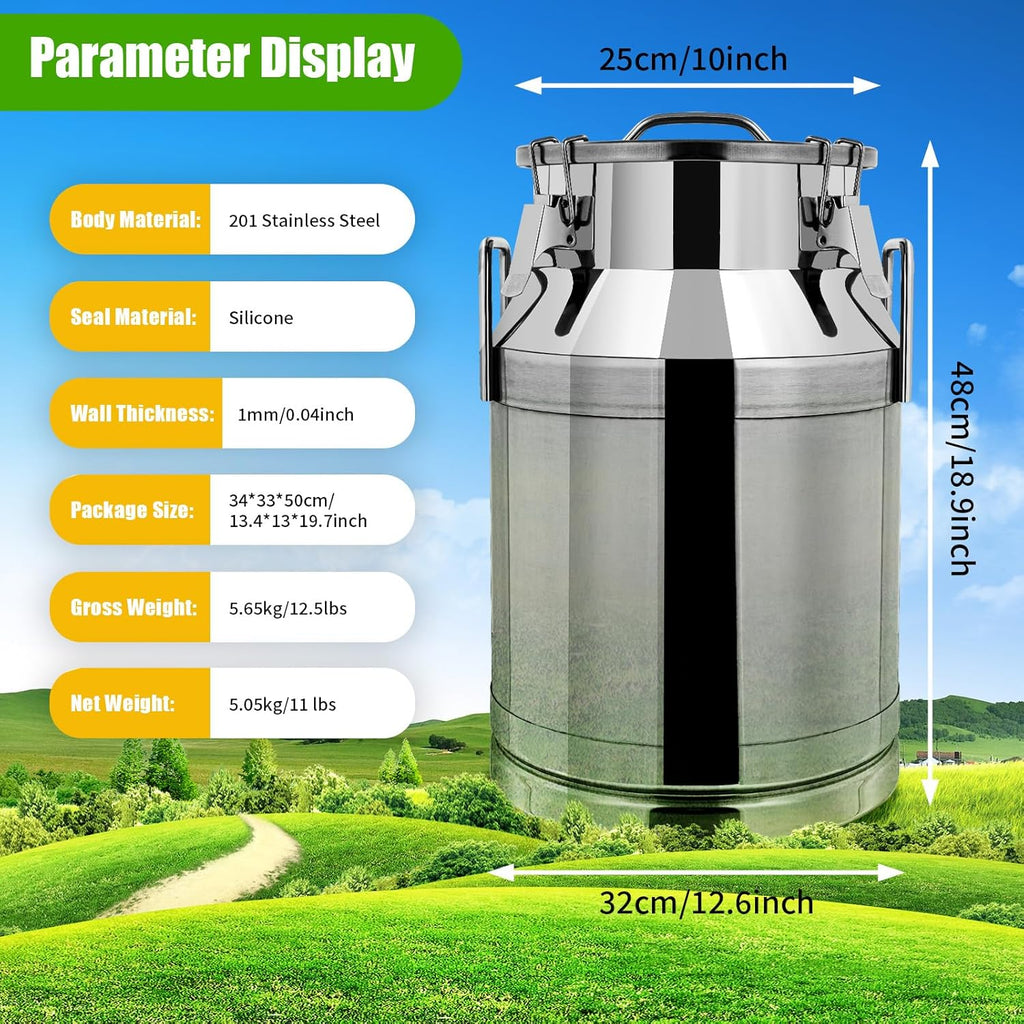 30L / 7.95Gallon Transport Cans Stainless Steel Milk Can Milk Bucket Wine Pail Bucket Milk Can Tote Jug with Sealed Lid Heavy Duty Wine Pail Liquid Storage