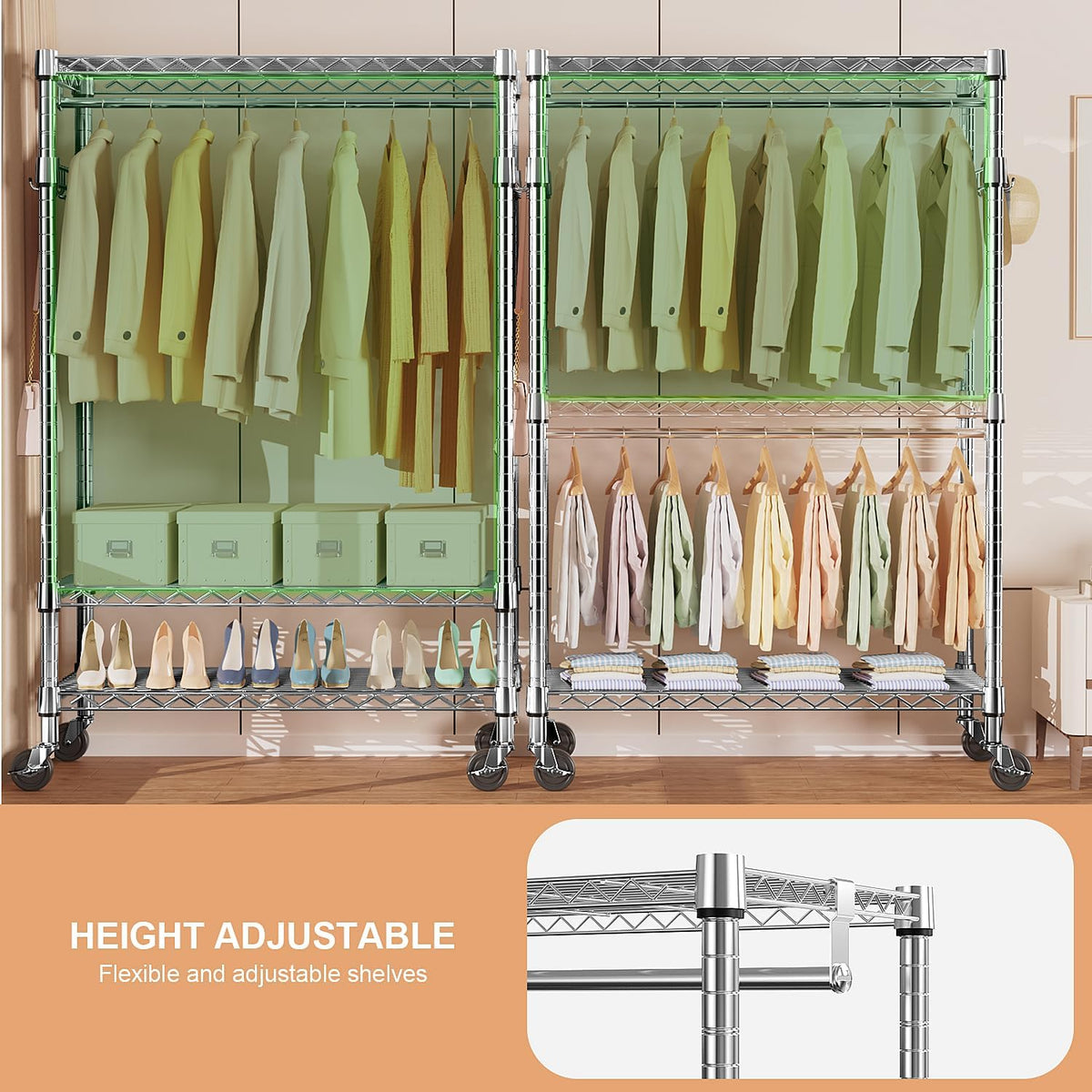 Heavy Duty Rolling Garment Rack 3 Tiers Adjustable Wire Shelving Clothes Rack with 2 Rods and Side Hooks, Storage Closet Clothing Rack with Wheels Chrome 17.7" D x 47.2" W x 83.6" H