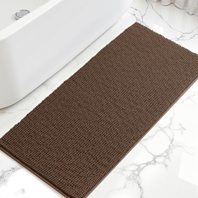 SUBRTEX Bathroom Rugs, 24" x 60" Chenille Bath Rug Soft Short Plush Bath Mat Soft Shower Mat Water Absorbent Shower Mat Quick Dry Machine Washable, Brown