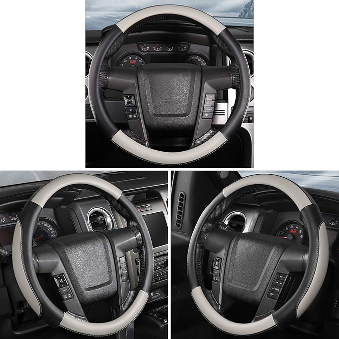 SEG Direct Car Steering Wheel Cover Large Size for F150 F250 F350 Ram 4Runner Tacoma Tundra Range Rover with 15 1/2 inches-16 inches Outer Diameter, Black and Gray Microfiber Leather