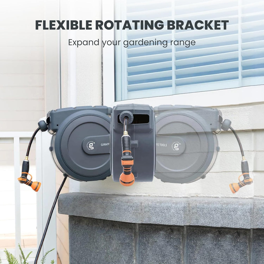 Giraffe Tools PRO Heavy Duty Retractable Garden Hose Reel - 78ft 1/2 Inch Auto Rewind with Any-Length Lock, Wall Mounted Metal Bracket, Commercial Grade for Patio & Lawn (Dark Grey)