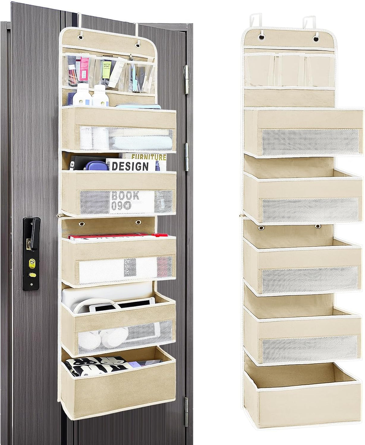 Over The Door Organizer, Behind Door Storage of 5 Compartments, 44 Weight Capacity Bathroom Organizers and Storage, Hanging Organizer for Closet, Room Storage, Lvoy White, 6 Shelf