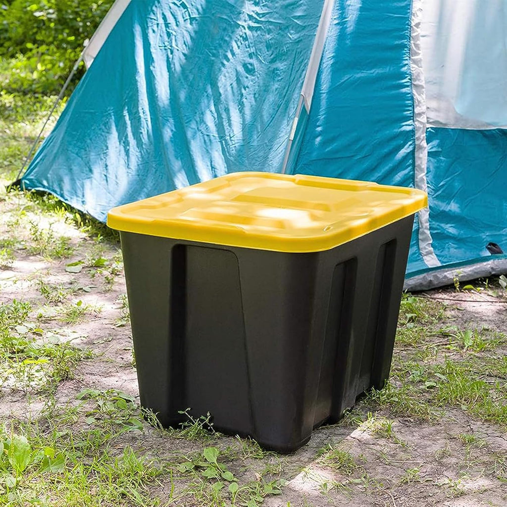 HOMZ 18 Gallon Durabilt Storage Bins, Pack of 4 Heavy Duty Plastic Containers, Secure Snap Lids, Break and Blemish Resistant, Stackable, Nestable, Organizing Totes, Black/Yellow