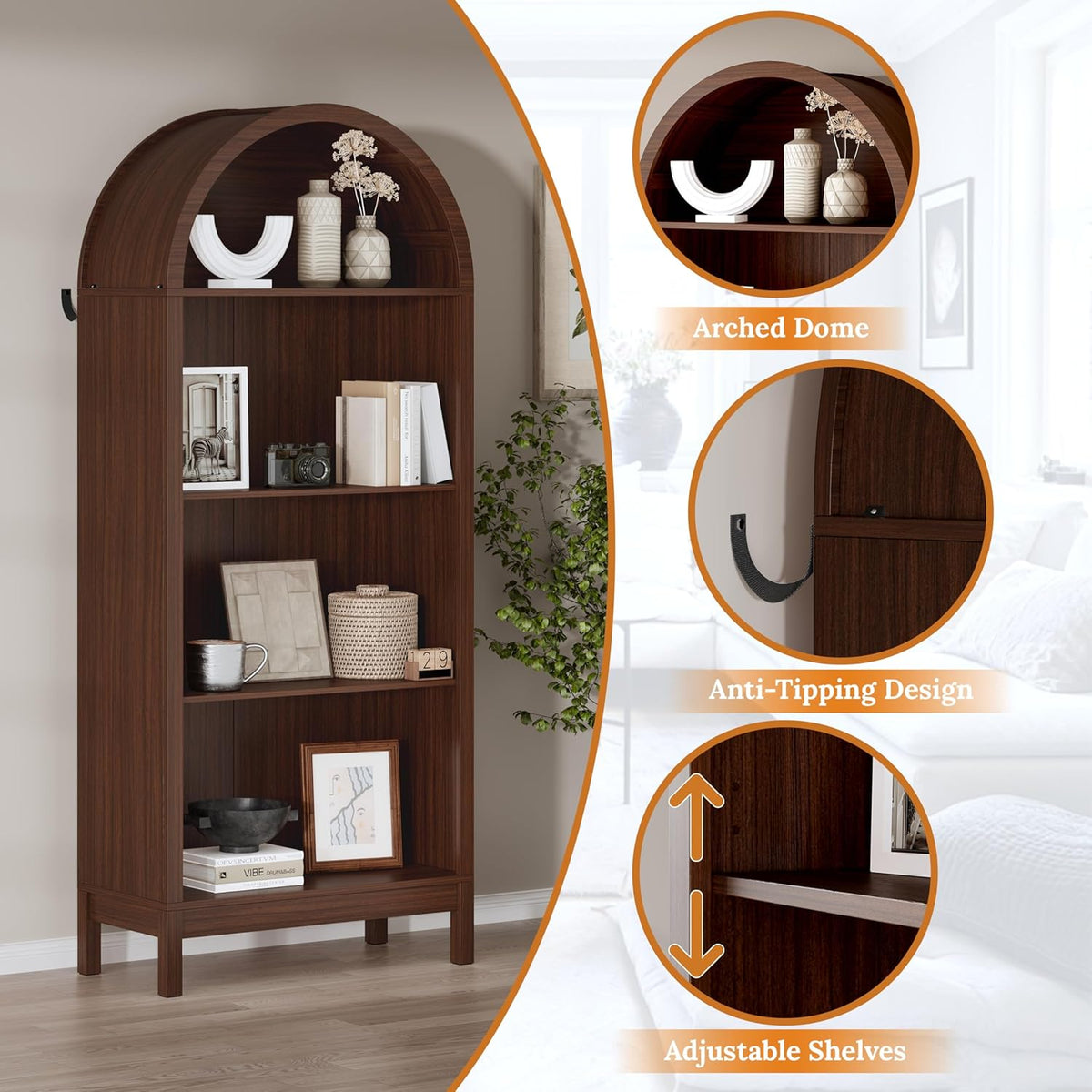 70" Tall Arched Shoe Cabinet, 7-Tier Shoe Rack with 3 Adjustable Shelves, Large Freestanding Shoe Organizer for Entryway, Closet, Hallway, Living Room (Walnut Brown)