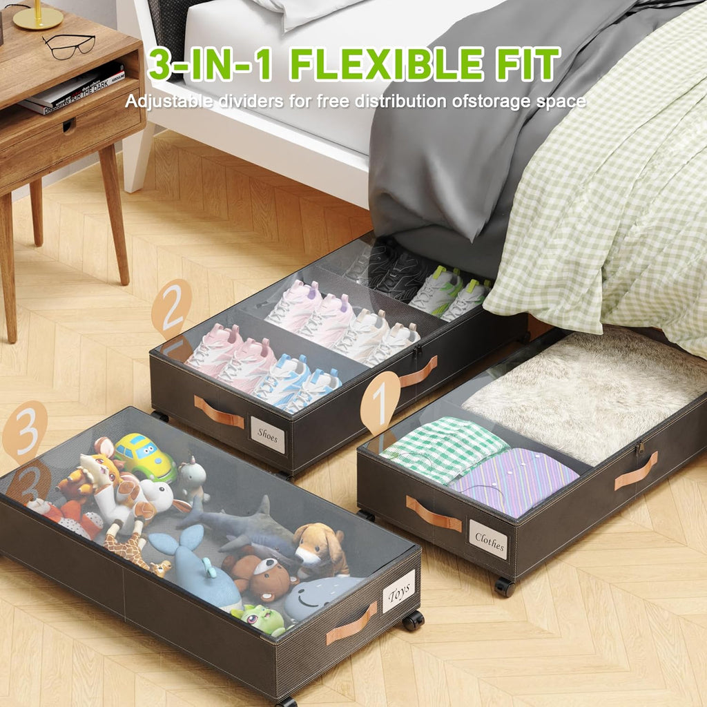 Under Bed Storage with Wheels, 2 Pack Under Bed Storage Containers with Dividers & Clear Lids, Under the bed storage Organizer Bins,Underbed Storage with Wheels for Clothes,Toys,Shoes (Black, 2 Pack)