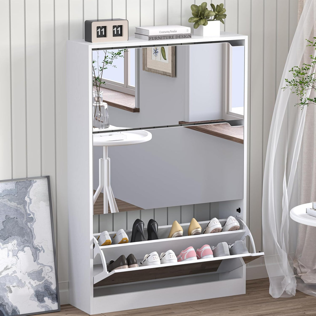 Shoe Cabinet with 3-Flip Mirror Drawers, Freestanding Shoe Rack Organizer with Hidden Handle, Slim Narrow Shoe Storage Cabinet for Entryway, Entrance, Hallway, Bedroom