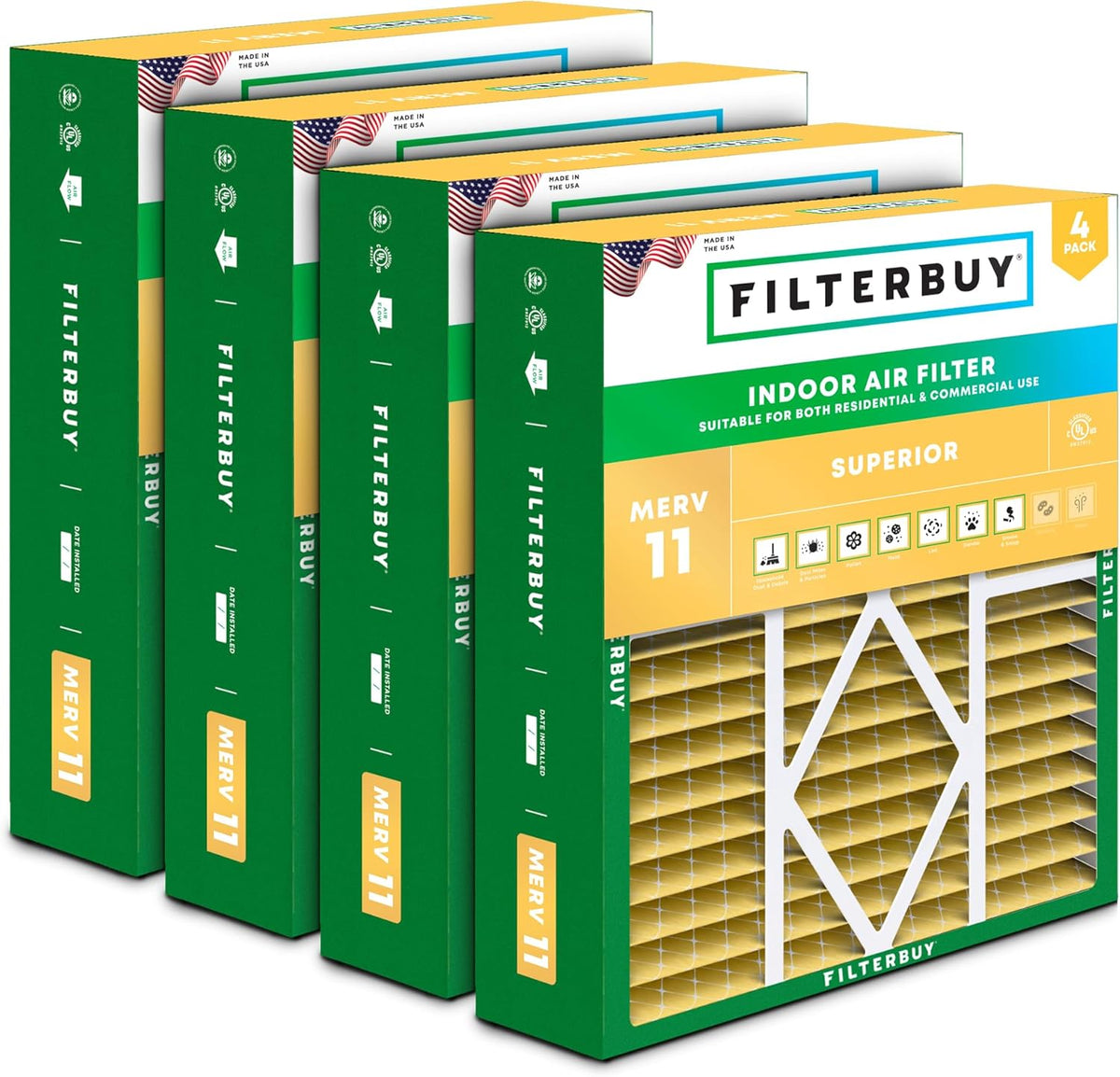 Filterbuy 19x20x5 Air Filter MERV 11 Superior Pet & Allergy Defense (4-Pack), Pleated HVAC AC Furnace Filters for Bryant, Carrier, BDP, Day & Night, and Payne (Actual Size: 19.06 x 19.81 x 4.25)