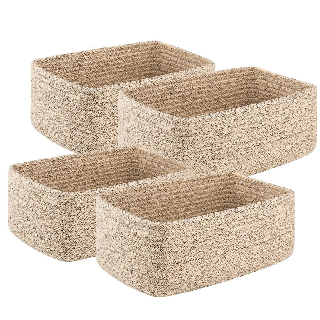 4 Pack Small Storage Shelf Baskets for Organizing, Mini Woven Rope Storage Bins for Towels, Cute Decorative Closet Organizer，Baby Nursery, Gift Empty Baskets -13''Lx8.66''Wx5.11''H-Brown