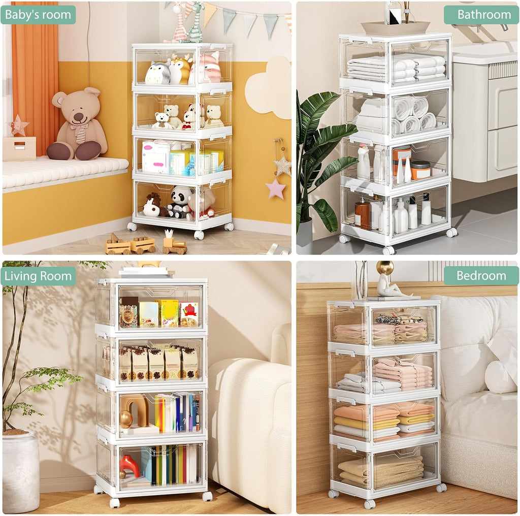 Clear Storage Bins with Lids,4 Tier Plastic Bins with Wheels,Stackable Storage Bin,Closet Organizers Box for Bedroom,Living Room,Toy,23 QT Folding Box with Magnetic door
