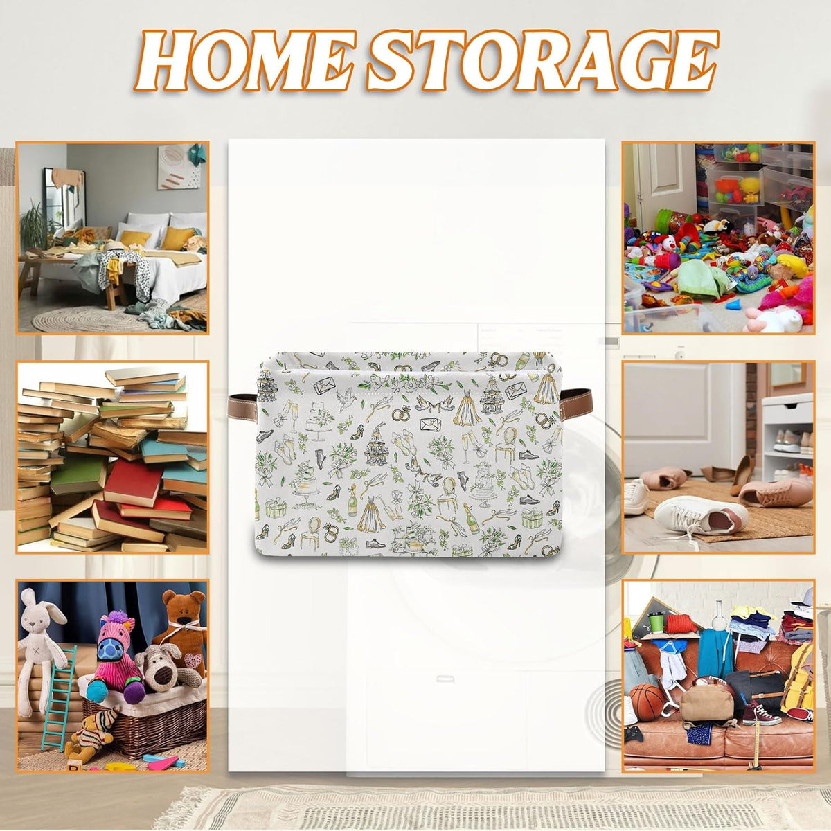 Rectangle Wedding Nursery Storage Basket, Wed Collapsible Storage Box Bin with Handles for Toy, Cake Storage Basket , Laundry Organizer for Room, Gifts for Chritsmas Thanksgiving 14.9x11x9.4in