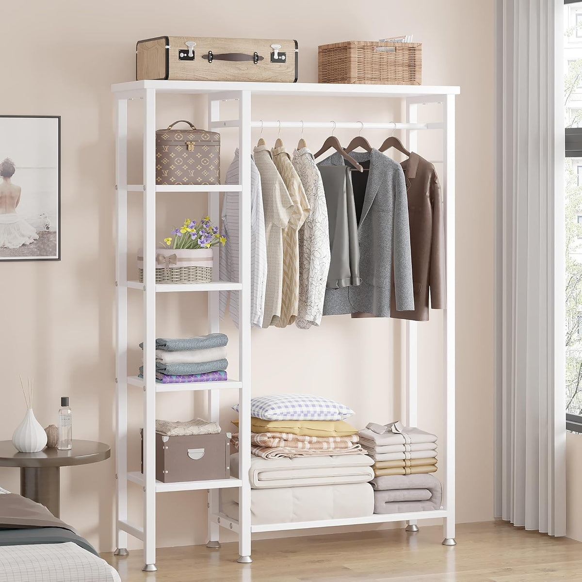 VECELO Open Garment Clothing Rack, Free-Standing Heavy Duty Storage Closet with 5 Shelves and Hanging Rod for Small Spaces, Max Load 350LBS, White
