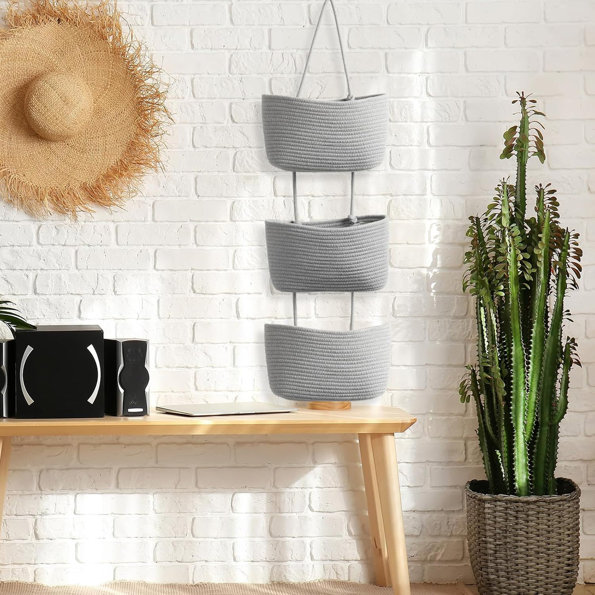 TeoKJ Over the Door Organizer, 3-Tier Woven Cotton Hanging Kitchen Baskets Storage Organizer Bag with Hooks Wall-Mounted Decorative Rope Baskets - Gray