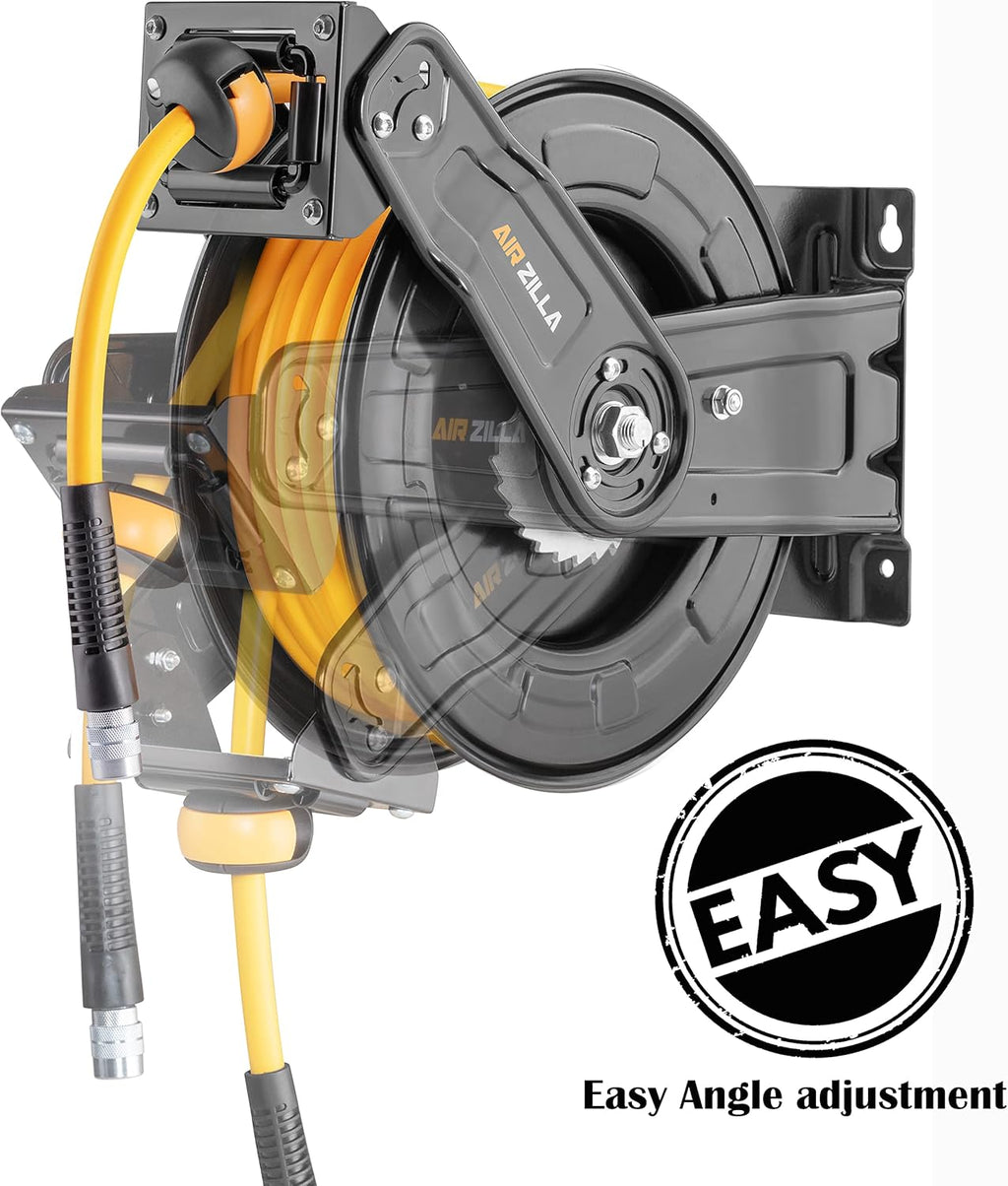 Premium Steel Retractable Air Hose Reel With Dual Arm, 3/8"x50Ft Hybrid Polymer Hose, Heavy Duty Air Hose Reel included Auto Rewind Reel | Quick Air Coupler | Durable Double side Frame.