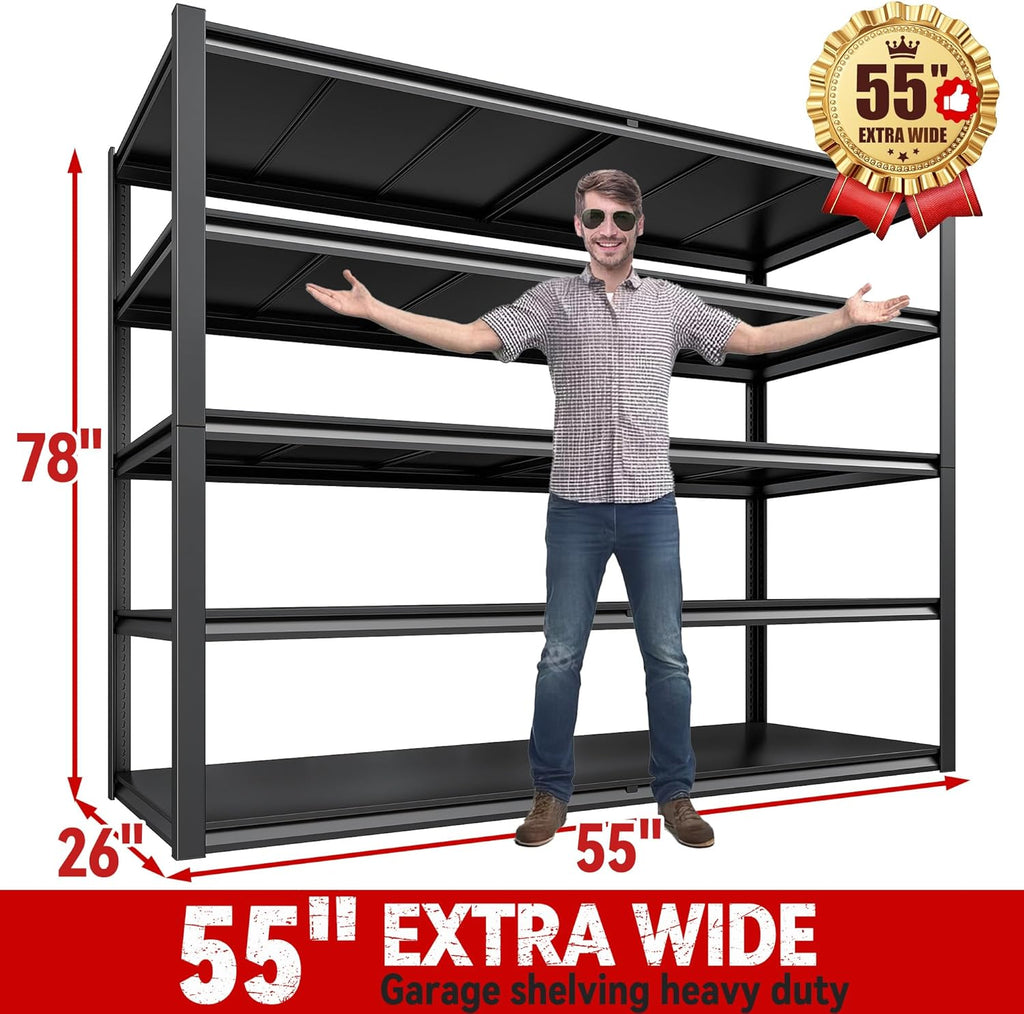 REIBII 78" H Storage Shelves, Garage Shelving Heavy Duty Load 3000LBS, Adjustable Garage Shelving, 5 Tier Metal Shelves Unit for Storage Rack, Basement, 55" W x 26" D x 78" H, Black, 2 Pack