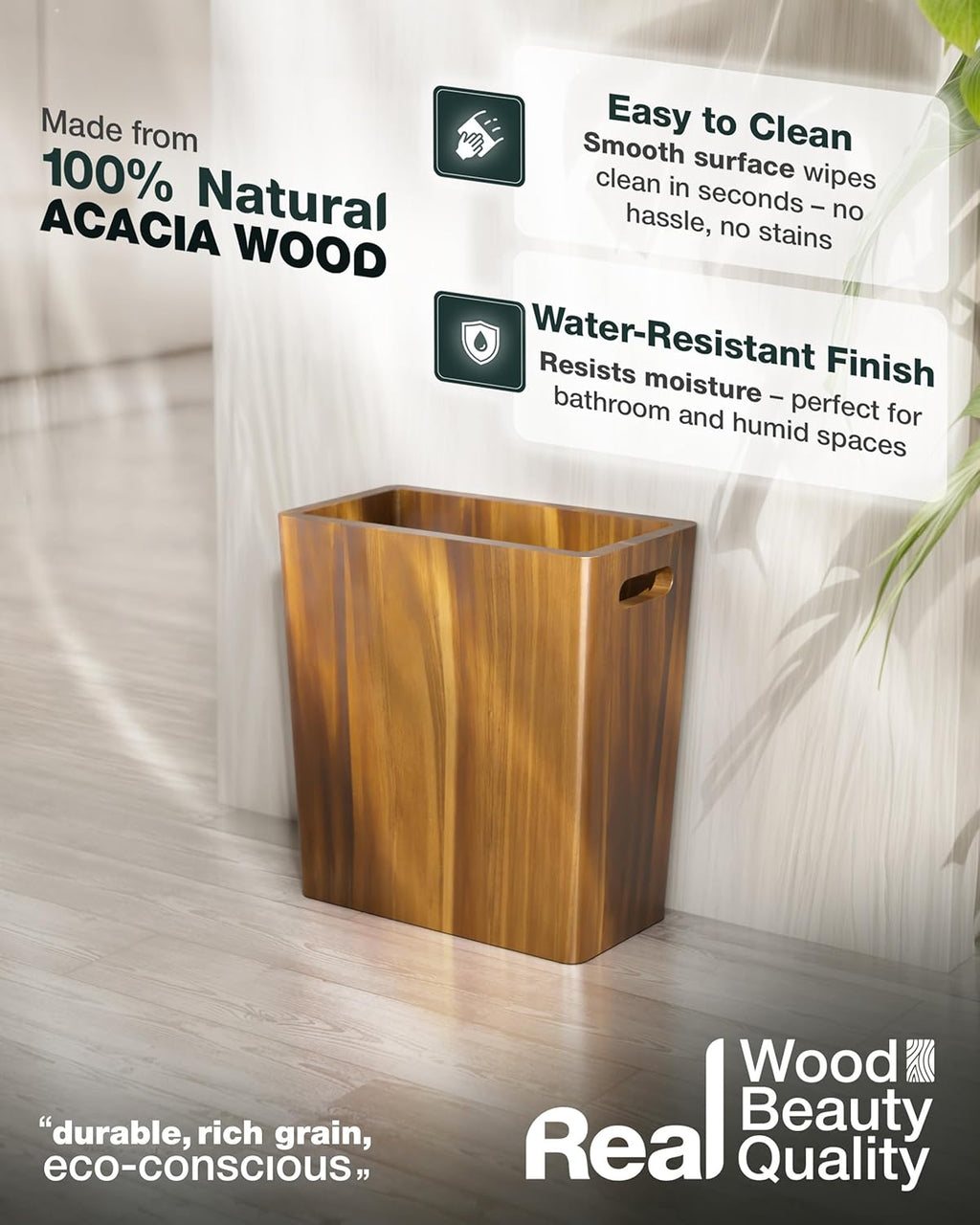 BLUEWEST 2.6 Gallons Wooden Wastebaskets – Solid Acacia Wood Trash Can with Handles, Rectangular Bin for Bathroom, Bedroom, Kitchen, Office – Brown Decorative Basket for Living Room or Under Counter