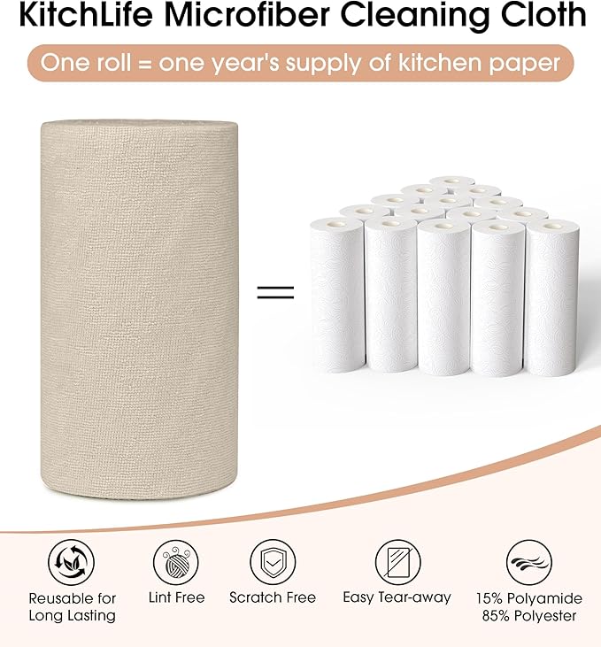 KitchLife Microfiber Cleaning Cloth Roll, 100 Pack - Tear-Away Microfiber Paper Towels, Lint-Free, Reusable, Washable for Kitchen, Car, Dishes, and Sensitive Surfaces (Sand Beige)