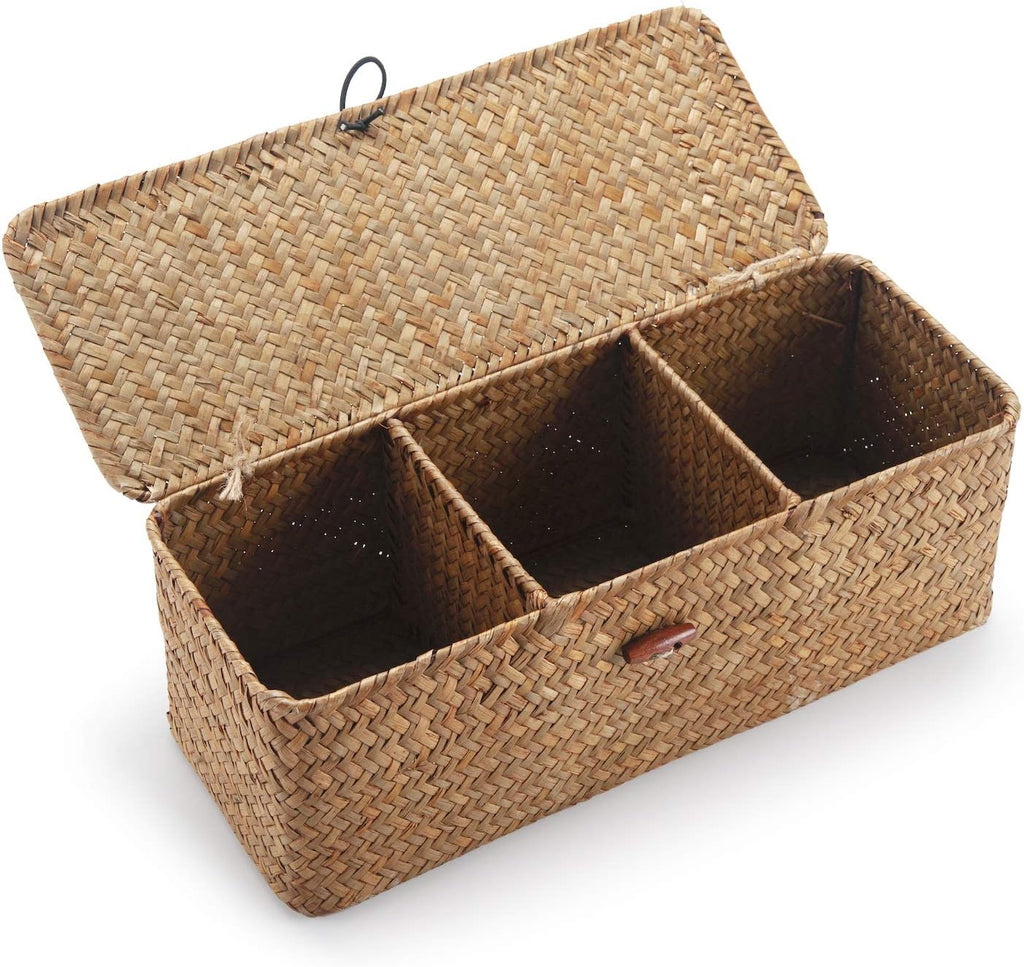 Seagrass Storage Basket with Lid Rectangular Small Woven Shelf Baskets with Sections for Organize Snack Toys Tampon