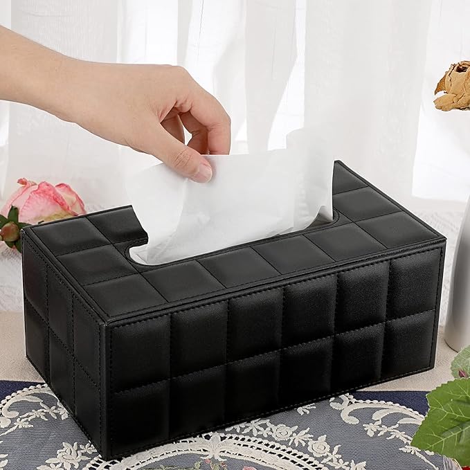 Sumnacon Rectangular Leather Tissue Box Cover - Stylish Tissue Box Holder with Magnetic Bottom, Decorative PU Tissue Box for Vanity Dresser Night Stand Table Countertop Home Office Car,Grid Black