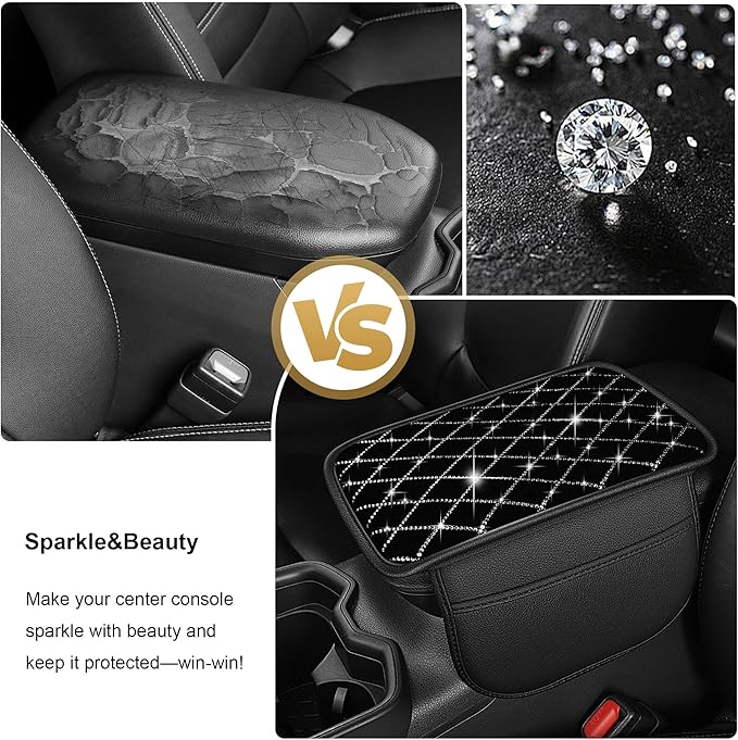 Center Console Cover Fit for TL: Upgraded Bling Diamond Car Armrest Cover - Crystal Rhinestone Car Center Console Cover with 2 Storage Bags,Anti-Scratch Auto Armrest Pad Accessory （Black