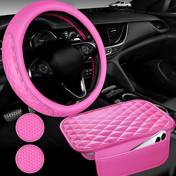 CAR PASS 3D Rhombus Pink Leather Steering Wheel Cover Car Accessories Set, Center Console Armrest Cushion with Storage Bags 2 Non-Slip Cup Coasters, 14.5-15in Cute Car Interior Sets, 4 PCS Hot Pink