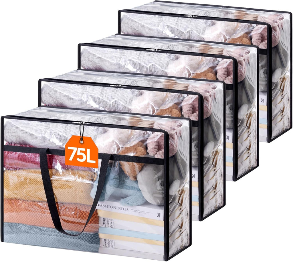 Lifewit 4 Pack Clear Clothes Storage Bags, 75L Large Plastic Blanket Storage, Vinyl Foldable Moving Bags with Zipper, Closet Organizers Containers for Comforter, Bedding, Duvet, Pillow