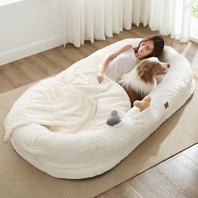 Human Dog Bed for Adult - Luxury Faux Fur Giant Size Dog Bed with Portable Handle, Egg Orthopedic Foam Bed with Blanket, 72"x40"x10", Ivory White