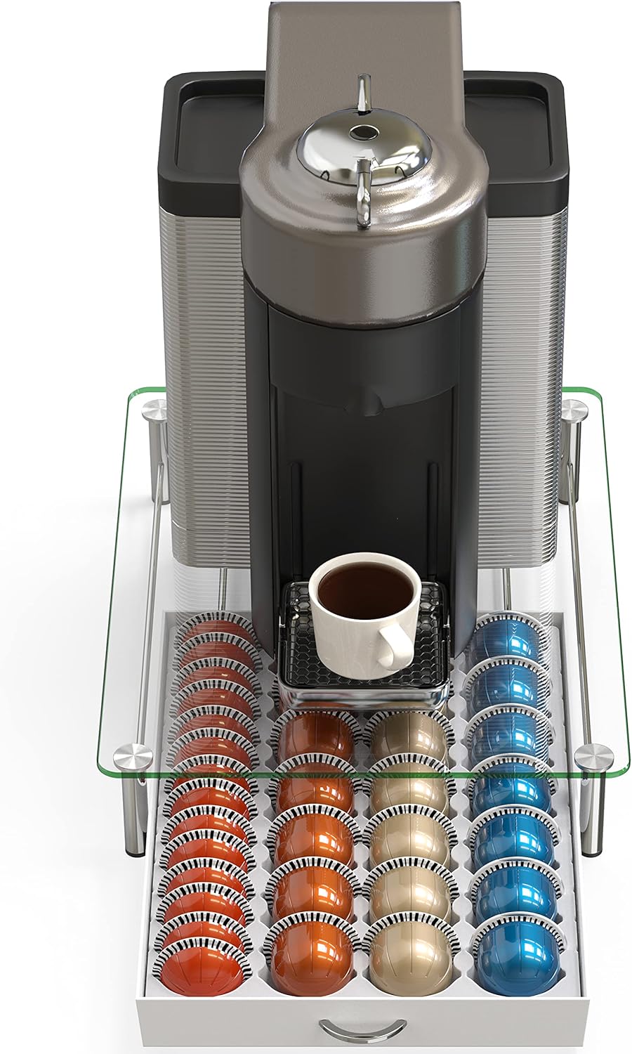 DecoBrothers Crystal Tempered Glass Vertuo Pod Holder Drawer, 28 Large or 56 Small Nespresso Capsule Organizer, White
