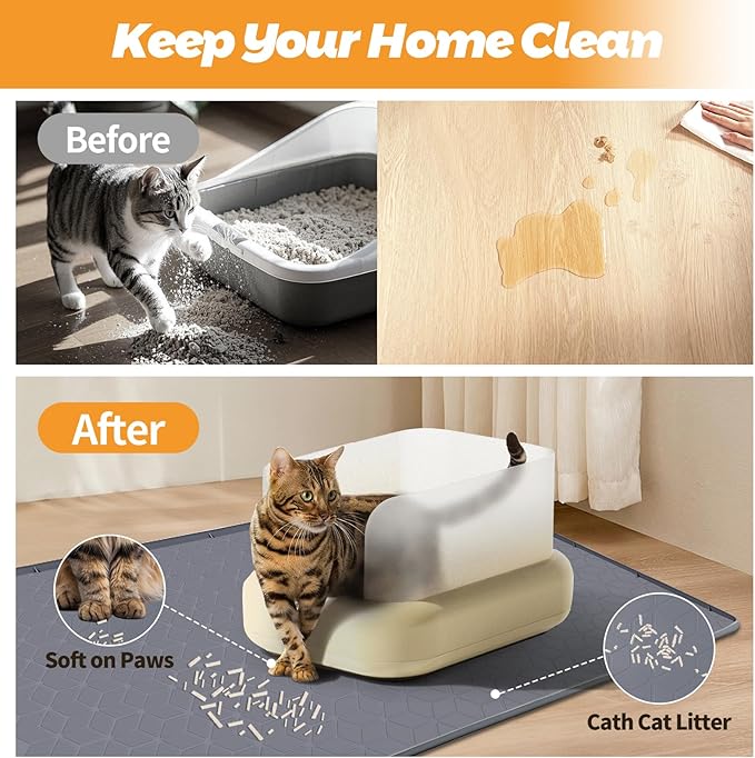 Bartuke Cat Litter Mat, Extra Large 34" x 22" Silicone Mat Litter Trapping Mat for Scatter Control, Soft on Kitty Paws, Easy to Clean (Dark Grey)
