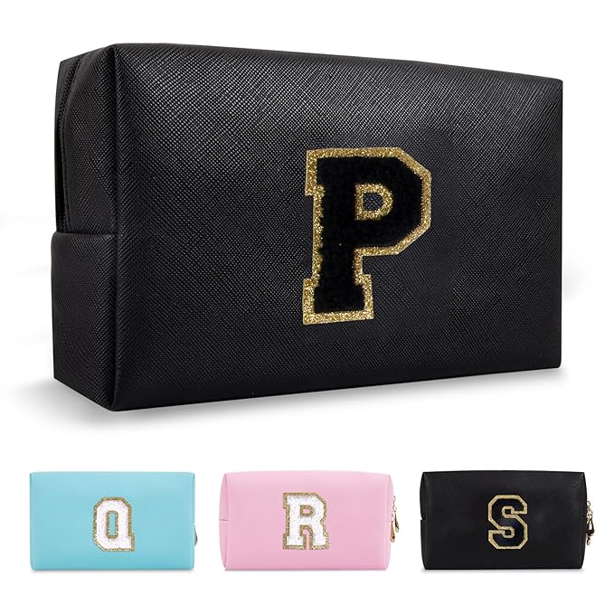 Personalized Initial A-Z Preppy Patch Makeup Bag,Small PU Chenille Letter Cosmetic Bag with Zipper for Teen Girls,Black Cute Toiletry Organizer Bag,Monogram Makeup Case Gift for Women Girls,Letter P
