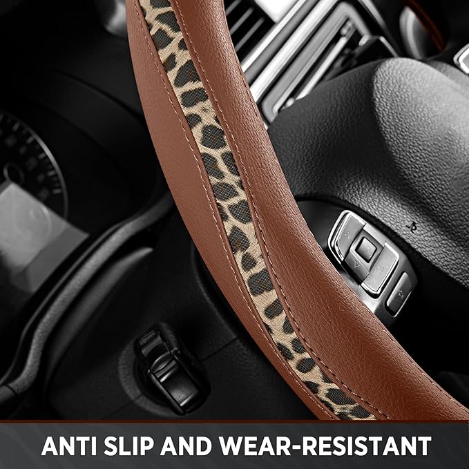Road Comforts D-Type Steering Wheel Cover - Made with PVC Leather and Leopard Fabric - Universal Fit for 15-Inch D-Shaped Automotive Steering Wheels (Brown Color)