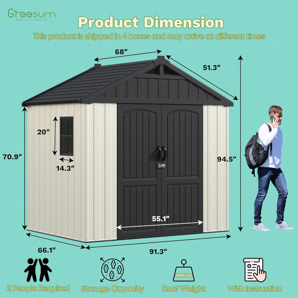 Greesum 8×6 FT Plastic Outdoor Storage Shed with Floor, Resin Sheds with Window and Lockable Door, Weather Resistant Organization for Garden, Lawn, Pool Supplies, Beige