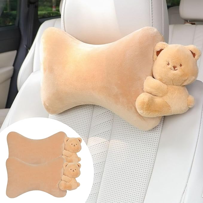 Car Headrest Pillow 2PCS Plush Bear ＆ Bunny Car Seat Headrest Pillow - Memory Foam Neck Support Cushions for Comfortable Driving, Easy Install & Washable (Brown Bear)