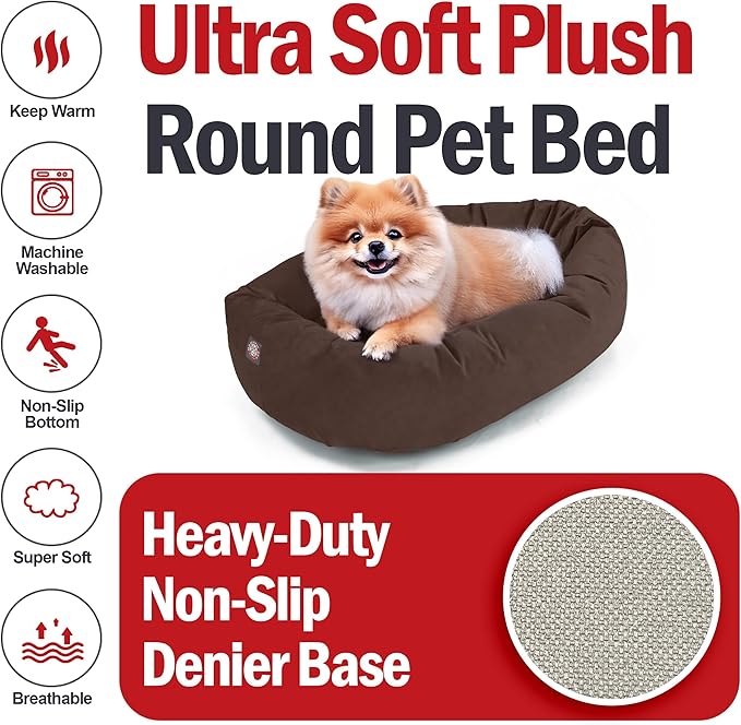 Majestic Pet 24 Inch Suede Shredded Memory Foam Mix Calming Small Dog Bed Washable 24 x 19 x 7 (Inch) - Cozy Soft Round Donut Dog Bed with Spine for Head Support - Pet Bed Chocolate