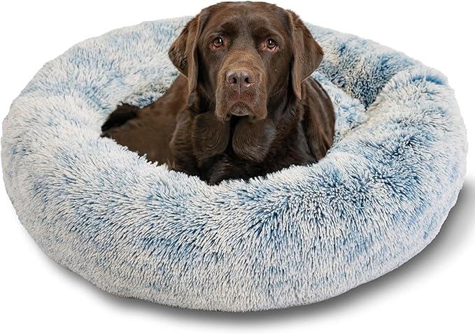 Best Friends by Sheri Original Calming Donut Dog and Cat Bed, Shag Faux Fur, Denim Blue, (36in x 36in) - Anxiety Relief for Pets Up to 100 lbs