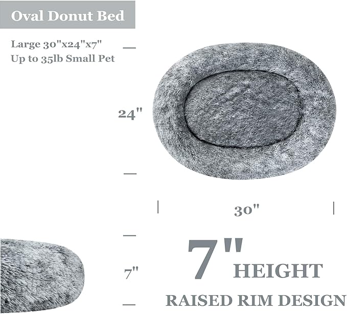 Coohom Oval Calming Donut Cuddler Dog Bed,Shag Faux Fur Cat Bed Washable Round Pillow Pet Bed(30"/36"/43") for Small Medium Dogs (L(30"x24"x7"), Grey)
