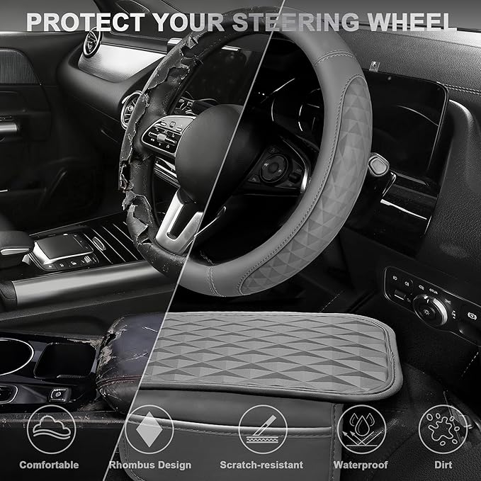 CAR PASS 3D Rhombus Memory Foam Leather Steering Wheel Cover Set, Comfortable Center Console Armrest Cushion Cover with Storage Bags Non-Slip Cup Coasters, 14.5-15in Car Interior Sets, 4 PCS All Gray