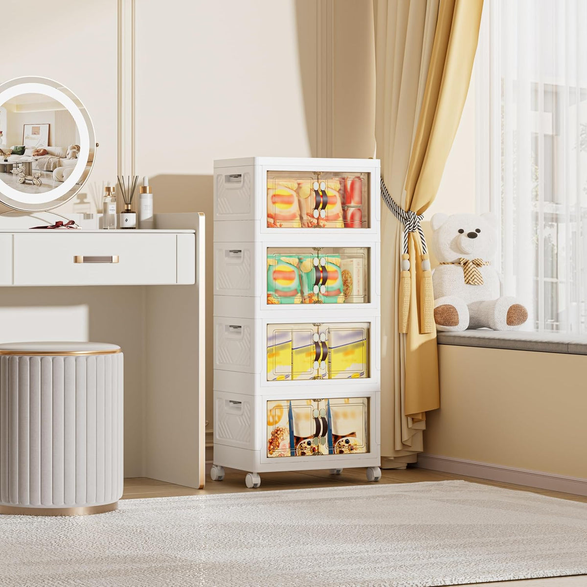 104 QT / 26 Gal Multi-Purpose Stackable Storage Cabinet: Double Magnetic Doors, Foldable, Wheels Included, Leather Handles - Ideal for Pantry, Laundry Room, Dorm