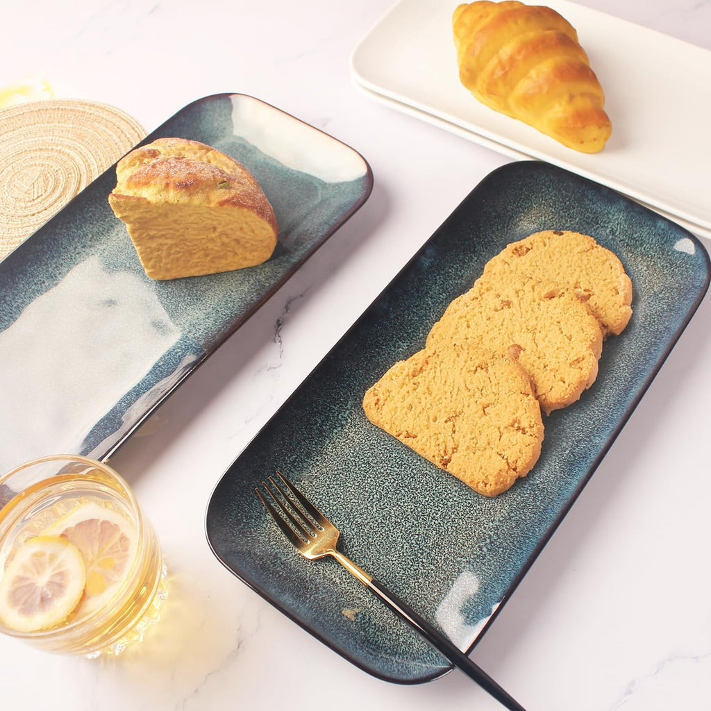 Serving Platters Set of 4, Rectangular Serving Plates, Serving Trays for Entertaining Party, Microwave,Oven,Dishwasher Safe,Kitchen Dinnerware, Blue reactive glaze 12.7 Inch