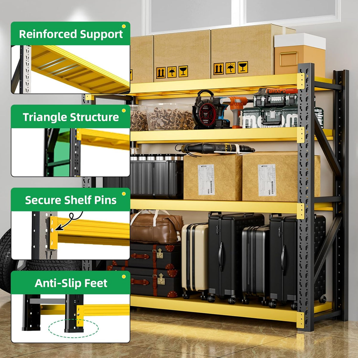 3000LBS Heavy Duty Storage Shelves,78''H Metal Garage Shelving, 4-Tier Adjustable Garage Organization Shelving Units, Industrial Shelving for Warehouse,Workshop- Black & Yellow
