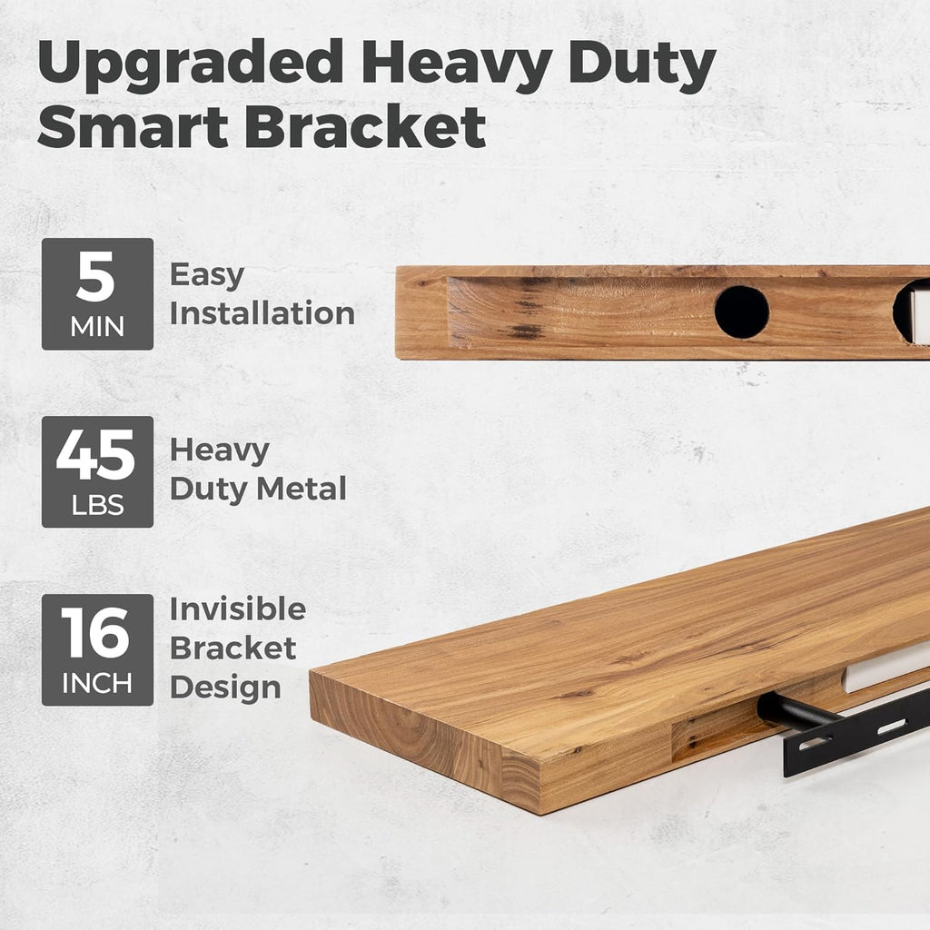 RICHFOCUS Elm Floating Shelves for Wall - 24" W x 9.3" D Rustic Solid Wood Shelves with Invisible Bracket, Wall-Mounted for Living Room, Bedroom, Kitchen Storage & Display, Set of 2, Natural
