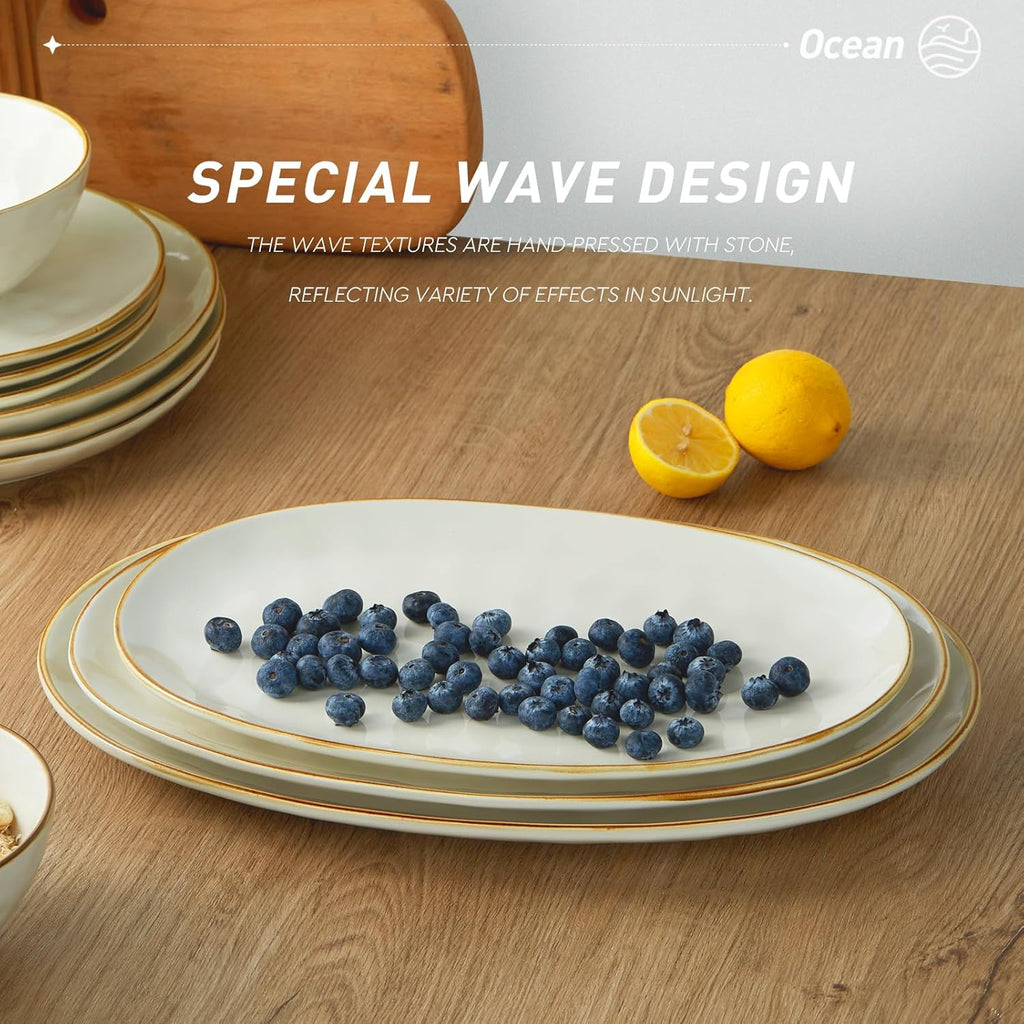 famiware Serving Platter, Oval 15.59/14.3/12.9inch Serving Dishes for Entertaining, Serving Bowls, Microwave Safe, Stoneware Serving Trays for Party, Food, Turkey, Cheese, Ocean Series, Vanilla White