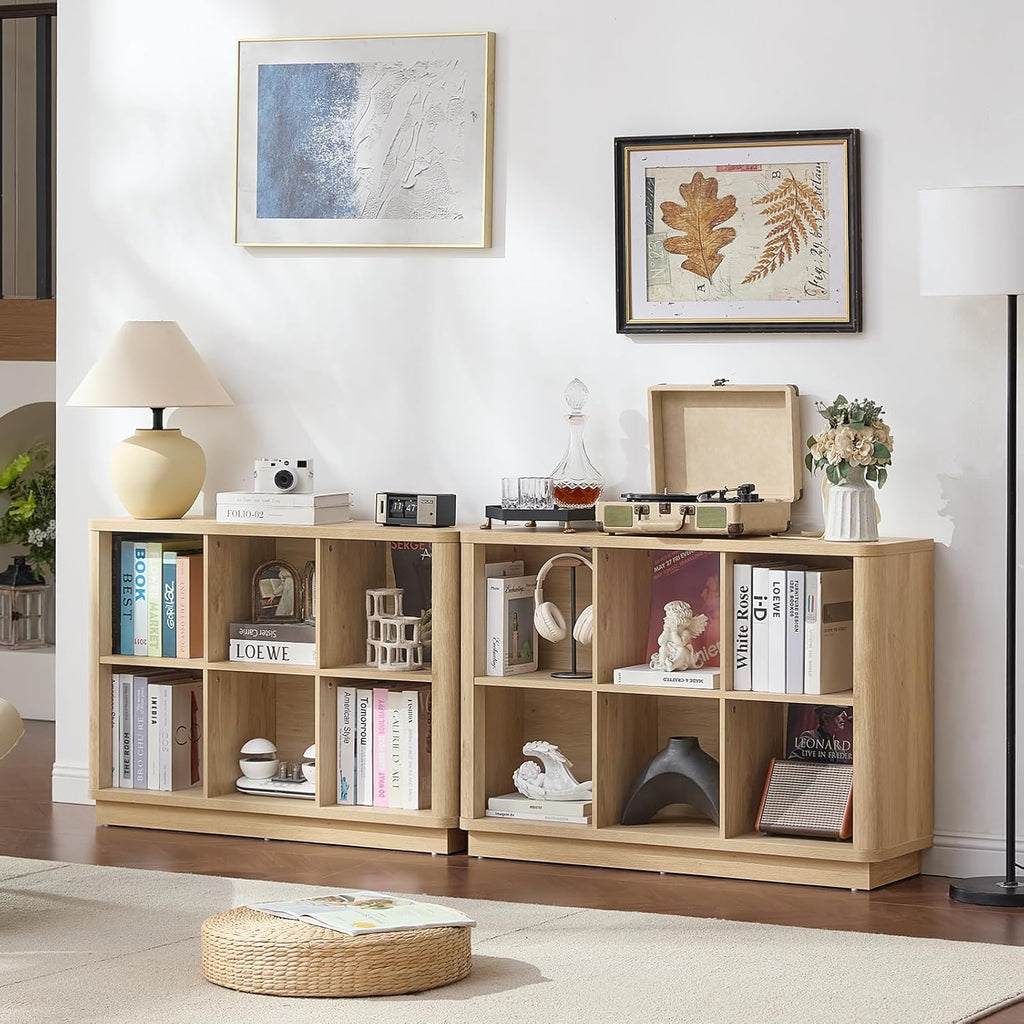 6 Cube Storage Book Shelf, 40" Wide Low Horizontal Bookcase with Curved Edge, Floor Standing 2-Tier Wooden Bookshelf with Base, Modern Short Book Case for Bedroom, Study, Entryway, Natural Oak