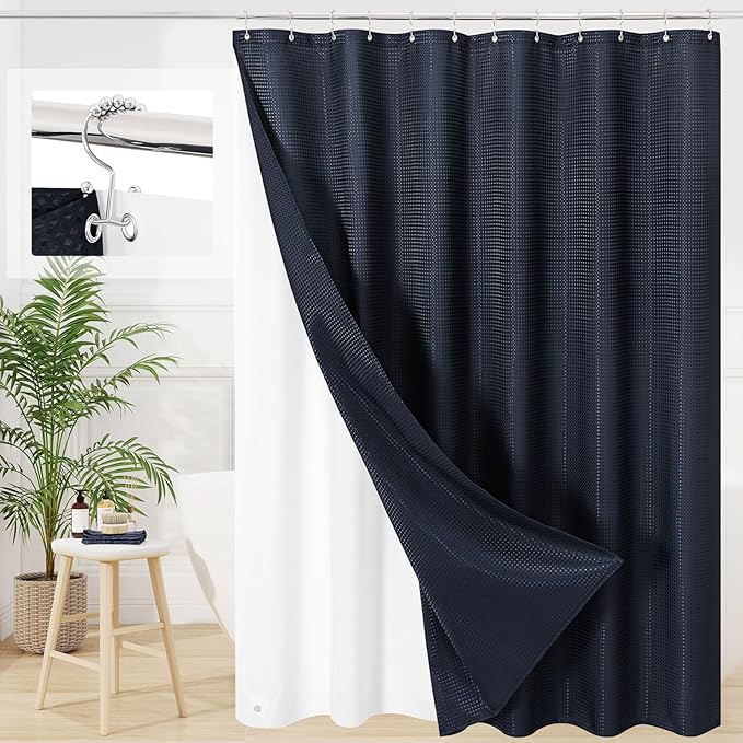 Craidlela 3 in 1 Extra Long Navy Blue Shower Curtain Set-72 W x 84 H, Modern Waffle and PEVA Liner Set with 12 Stainless Steel Hooks, Waterproof Fabric for Bathroom