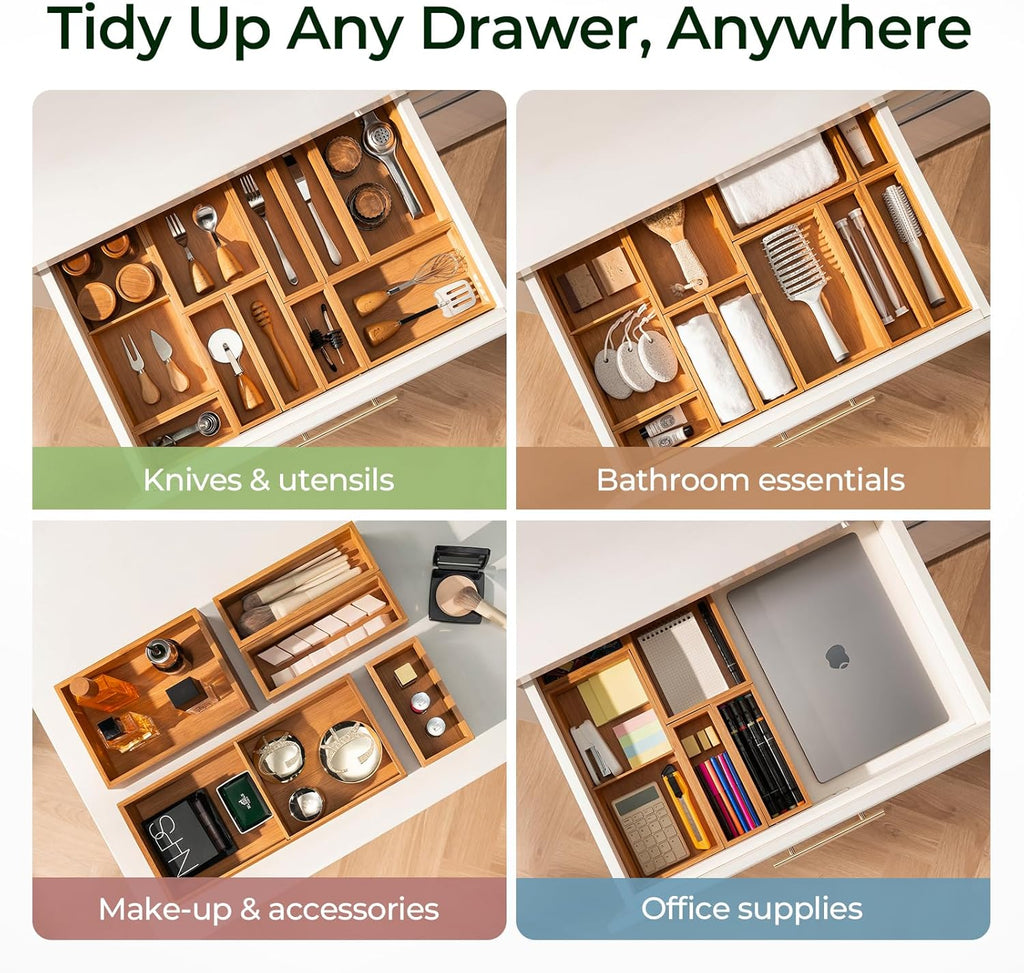 10-Piece Bamboo Drawer Organizer Set, 2.2" Deep Multi-Use Organizers for Utensils, Silverware, Cutlery, Desk, Bathroom, Junk Drawer & Makeup, Non-Slip Feet Included.