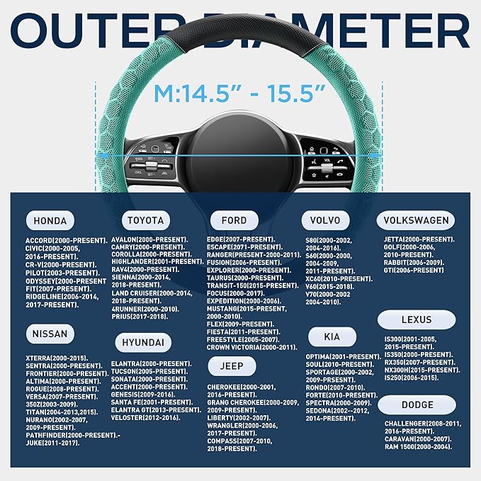 PIC AUTO Massage Steering Wheel Cover, Mint Football Pattern Material Spliced Leather Car Steering Wheel Protector, Car Interior Accessories, Universal Fit 14.5"-15.5" for Cars, Trucks, Van, SUV